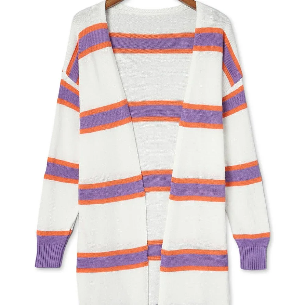 Ivory Lavender Striped Long Sleeve Ribbed Trim Button Cardigan Pastel Sweater - Picture 8 of 11